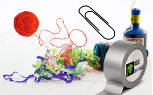 paperclip, tape, string, party popper